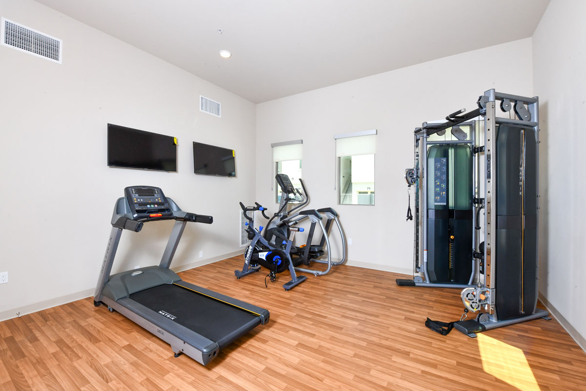 Vista, CA Apartments for Rent - Breeze Hill - Fitness Center with Cardio Equipment, Windows, TVs, and Hardwood Style Flooring